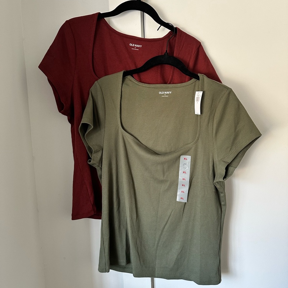 Old Navy Women's Square Neck Ribbed Baby Tee Pair - Olive and Burgundy